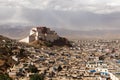 View of Shigatse Dzong fortress on the hilltop.