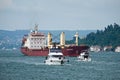 View of a ship and boats cruising down the Bosphorus in Istanbul