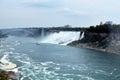 View of a ship passing the Niagara falls - Rainbow bridge at the waterfalls Royalty Free Stock Photo