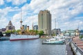 View of ships and buildings at Penns Landing, in Philadelphia, Pennsylvania