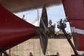 View on the ships propeller. Ship in a dry dock. Royalty Free Stock Photo