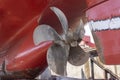 View on the ships propeller. Ship in a dry dock.