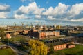 View of the shipyard and port - industry part of the city of Gdansk with shipyard constructions and cranes. Poland Royalty Free Stock Photo