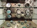 View of the shop window of different wall clocks