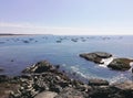 View from the shore of a black cliff on the blue sea, in which many fishing boats with fishermen float