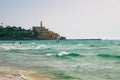 View from the shore of the Mediterranean Sea on Old Jaffa, Tel Aviv, Israel. Royalty Free Stock Photo
