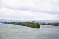 View on a shore tongue and the riverbank at the rhine river from the bridge in mainz germany Royalty Free Stock Photo
