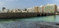 A view of the shoreline and the causeway to the islet of the English in Arrecife, Lanzarote