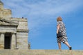 View of the Shrine of Remembrance with people and tourists in Melbourne Victoria Australia.