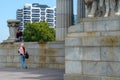 View of the Shrine of Remembrance with people and tourists in Melbourne Victoria Australia.