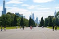 View of the Shrine of Remembrance with people and tourists in Melbourne Victoria Australia.