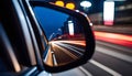 View of the side mirror from the rear of a business class car driving along the line at high speed.