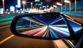 View of the side mirror from the rear of a business class car driving along the line at high speed. Royalty Free Stock Photo