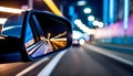 View of the side mirror from the rear of a business class car driving along the line at high speed. Royalty Free Stock Photo