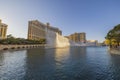 View of sights of Las Vegas against fountains of Bellagio hotel on sunset. Las Vegas.