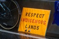 A view of sign `Respect Indigenous Lands` during The Climate Strike on Burrard Bridge in Vancouver