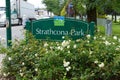 View of sign `Strathcona Park` in downtown Vancouver