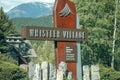 View of sign Welcome to Whistler with forest in the background. Vintage look
