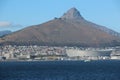 View of Signal Hill, Lion's Head and Green Point Stadium in Cape Town, South Africa, from the Atlantic Ocean Royalty Free Stock Photo