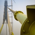 View of the Signature bridge being constructed across the Yamuna river in New Delhi India