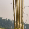 View of the Signature bridge being constructed across the Yamuna river in New Delhi India