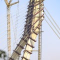 View of the Signature bridge being constructed across the Yamuna river in New Delhi India