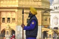 View of a Sikh devotee as holy guard in the golden temple shri Harmandir Sahib in Amritsar, India Royalty Free Stock Photo