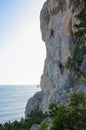 Rock climbers descend from the cliff at sunset