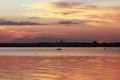 View on silhouette of Nilov Monastery at sunset