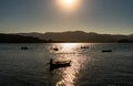 Sunset on the ocean with anchored fishing boats in the Galicia region of Spain Royalty Free Stock Photo