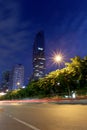 View Silom road in twilight of Mahanakhon building.