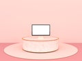 The view is a simulation of computers white screen resting on a Round marble Podium on the pastel pink floor, Isolated on pink bac Royalty Free Stock Photo