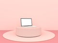 The view is a simulation of laptops white screen resting on a Round marble Podium on the pastel pink floor, Isolated on pink backg Royalty Free Stock Photo