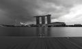 A view of the Singapore Marina Bay Signature Skyline in black and white photo across the deck