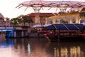 Singapore river, boat and Clarke Quay area Royalty Free Stock Photo