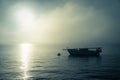 Single boat on water at sunset