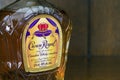 Bottle of Crown Royal Canadian whiskey on table