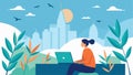 With a view of the sky above and the city below the freelancer works on a client project ast the gentle rustling of