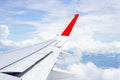 View of sky cloud and wing of airplane from window