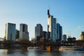 View of the skyline of the banking district in Frankfurt on a sunny winter evening.