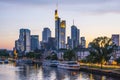 View of skyline of downtown Frankfurt am Main, Germany at dusk. Royalty Free Stock Photo