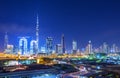 View on skyline of Dubai Financial Center with modern skyscrapers in Dubai city and construction site,United Arab Emirates Royalty Free Stock Photo