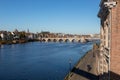 View on the skyline from Maastricht taken from the Hoge Brug with views on the river side, cobble stone streets and historical sin Royalty Free Stock Photo