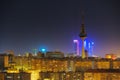 View of the skyline of Madrid, with the mountains in the background, in a beautiful sunset. Spain. City and travel concept