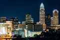 View Of The Skyline Of Uptown At Night, In Charlotte, North Carolina.