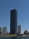 View of skyscraper DC Tower 1 (220 m) located in Donau City in the north of Vienna, Austria on the bank of Danube River. Royalty Free Stock Photo