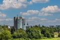 View of Skyscraper and ropeway connecting parks during federal horticulture and garden show in Germany