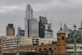 View of Skyscrapers and The cannon street railway bridge in the business district Looking through Southwark bridge Royalty Free Stock Photo