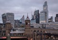 View of Skyscrapers and The cannon street railway bridge in the business district Looking through Southwark bridge Royalty Free Stock Photo