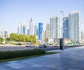 View of a skyscrapers in Dubai`s main road, Sheikh Zayed road. Shot made from city walk area in center of the city